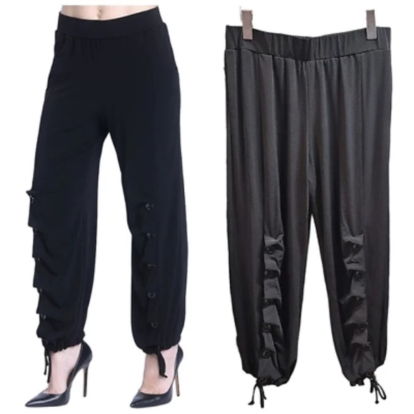 IC COLLECTION BY CONNIE K Comfy Black Button Detailed Pull On Jersey Pants L - Picture 1 of 5